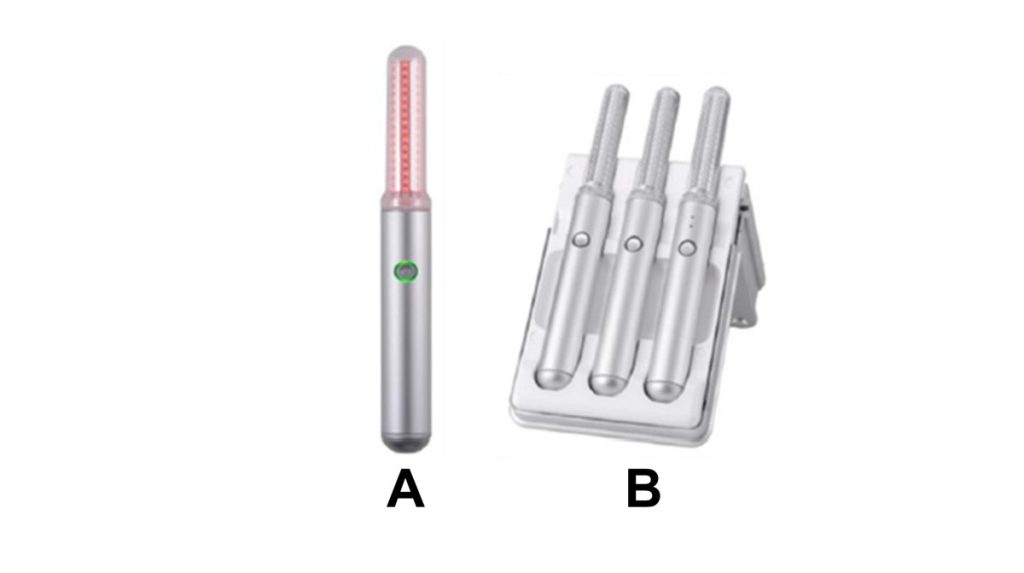 Figura 6. Dispositivo LED. A. Dispositivo rojo transvaginal. B. Dispositivo azul, rojo e infrarrojo.
